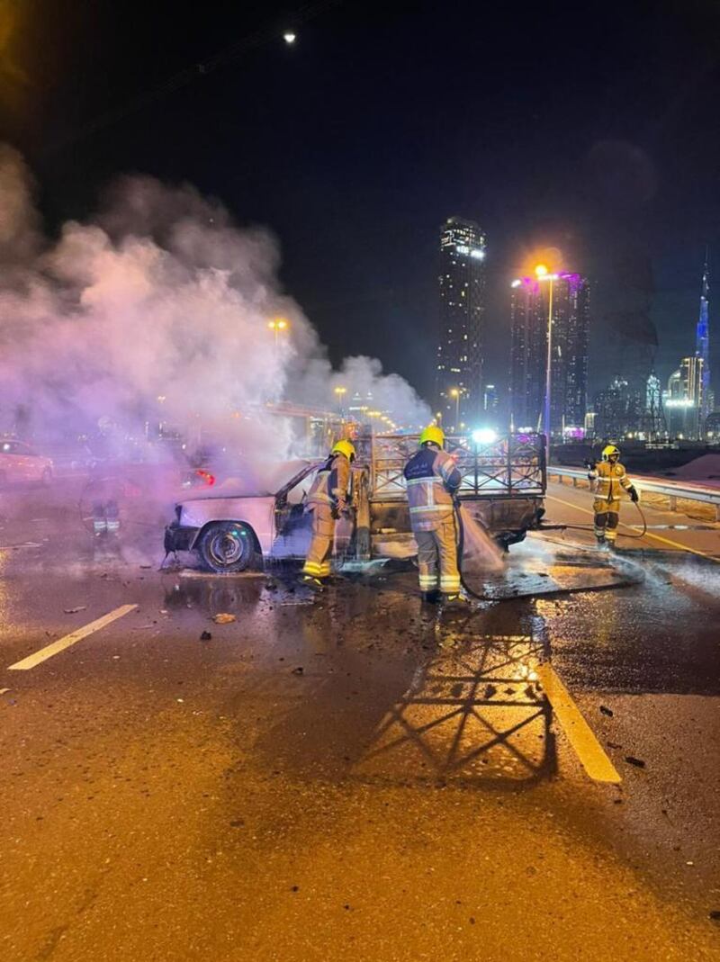 One of two vehicles that caught fire on Dubai’s Ras Al Khor Road. Courtesy Dubai Civil Defence 