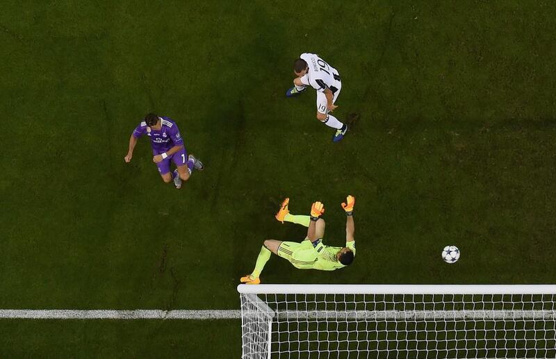 Cristiano Ronaldo of Real Madrid scores his side’s third goal in a 4-1 win over Juventus. Matthias Hangst / Getty Images