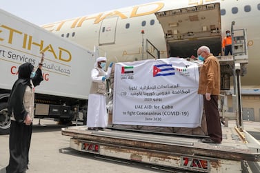 A shipment of UAE aid to tackle Covid-19 in Cuba is loaded on to an Etihad cargo aircraft. Wam