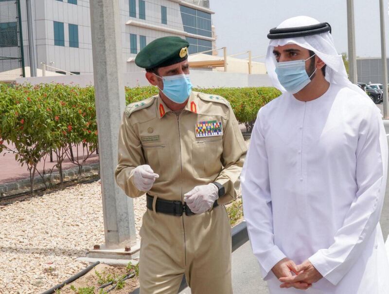 Hamdan bin Mohammed during his visit this morning to the Al Qusais police station. Courtesy: Dubai Media Office Twitter