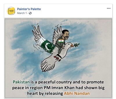 A cartoon showing Wing Commander Abhinandan Varthaman, who was captured by Pakistan and then released flying on a Pakistani dove of peace. Facebook newsroom