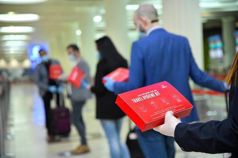 Emirates has introduced complimentary hygiene kits to be given to every passenger upon check in at Dubai International Airport and on flights to Dubai. These kits comprise of masks, gloves, antibacterial wipes and hand sanitiser. Courtesy Emirates
