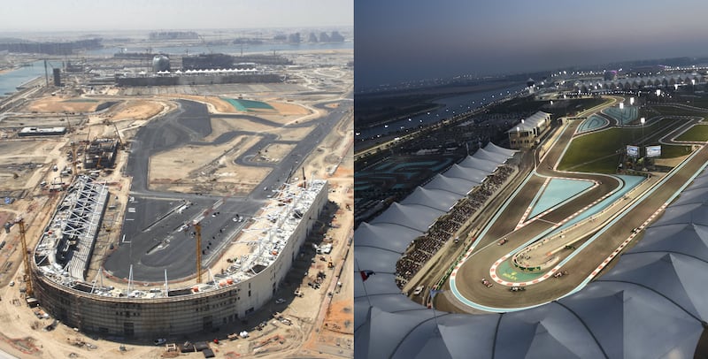 Spectator stands rise out of the sand in 2009 at what will become turn seven of the Yas Marina Circuit, left, while Formula One drivers, right, negotiate the turn on the completed circuit. Photo: Yas Marina Circuit