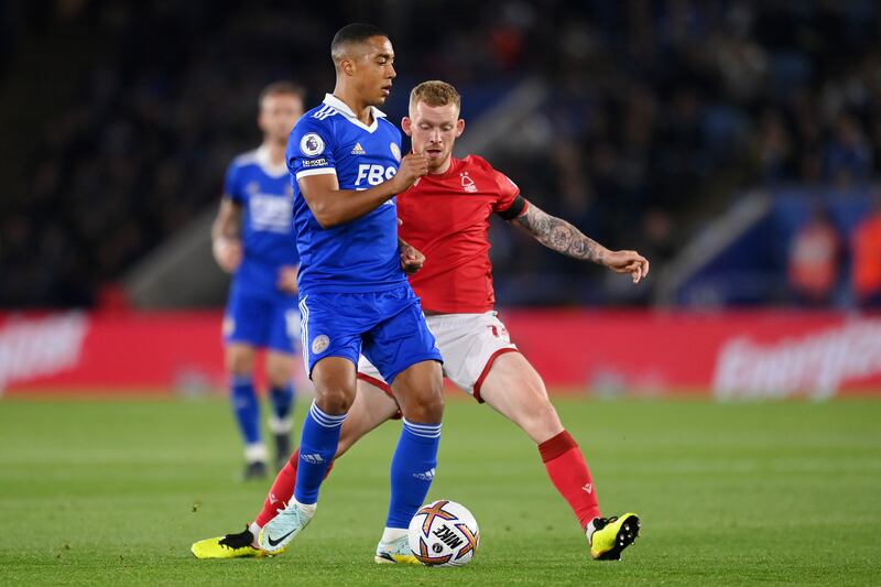 Leicester City midfielder Youri Tielemans is challenged by Lewis O’Brien of Nottingham Forest. Getty