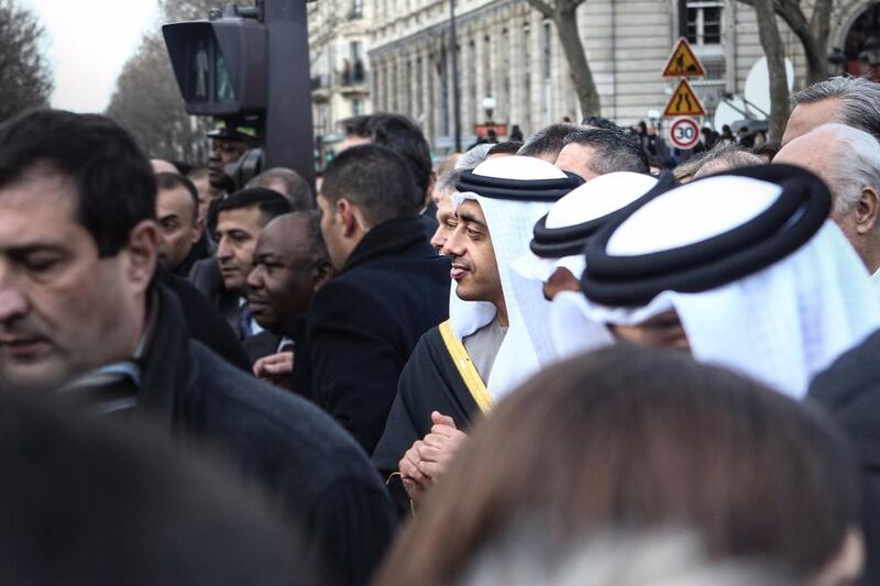 Foreign Minister Abdullah bin Zayed Al Nahyan participates in the march honouring the victims of the Paris attacks. Wam