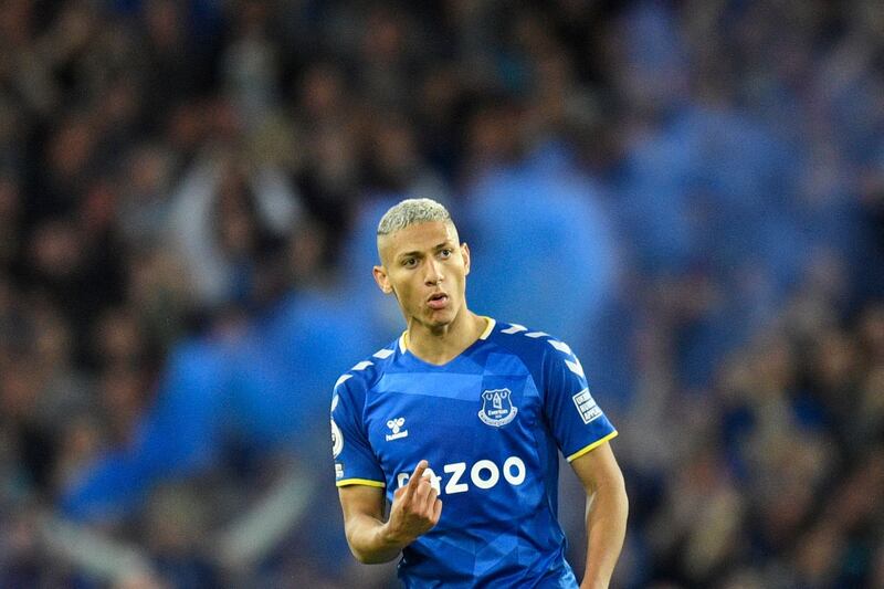 Everton's Brazilian striker Richarlison celebrates after scoring his team's second goal during the English Premier League football match against Crystal Palace at Goodison Park in Liverpool on May 19, 2022. AFP