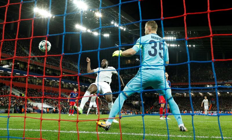 Manchester United's Romelu Lukaku scores their third goal past CSKA Moscow’s Igor Akinfeev. John Sibley / Reuters
