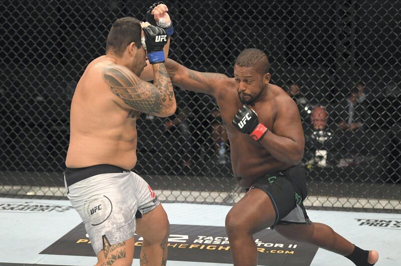 ABU DHABI, UNITED ARAB EMIRATES - OCTOBER 04:  (R-L) Yorgan De Castro of Cape Verde punches Carlos Felipe of Brazil in their heavyweight bout during the UFC Fight Night event inside Flash Forum on UFC Fight Island on October 04, 2020 in Abu Dhabi, United Arab Emirates. (Photo by Josh Hedges/Zuffa LLC) *** Local Caption *** ABU DHABI, UNITED ARAB EMIRATES - OCTOBER 04:  (R-L) Yorgan De Castro of Cape Verde punches Carlos Felipe of Brazil in their heavyweight bout during the UFC Fight Night event inside Flash Forum on UFC Fight Island on October 04, 2020 in Abu Dhabi, United Arab Emirates. (Photo by Josh Hedges/Zuffa LLC)