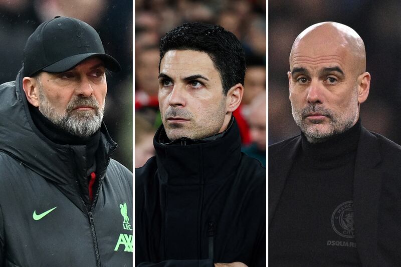 From left: Liverpool manager Jurgen Klopp, Arsenal boss Mikel Arteta and head coach of Manchester City Pep Guardiola. AFP