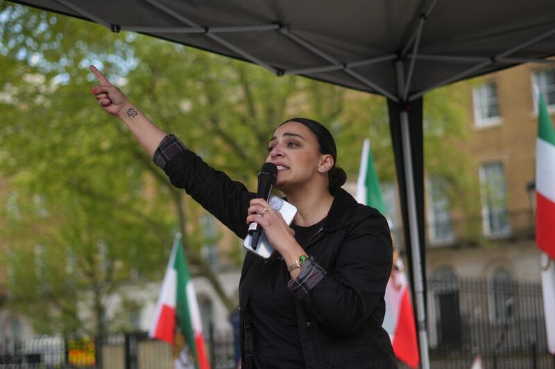 A speaker at the London protest calling for Salehi's freedom