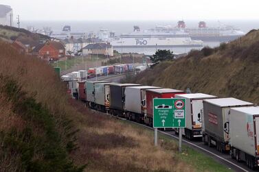 Lorries queue to enter the Port of Dover, as the clock ticks down on the chance for the UK to strike a deal before the end of the Brexit transition period on December 31. AP Photo