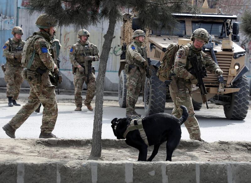 British soldiers with NATO-led Resolute Support Mission arrive at the site of an attack in Kabul, Afghanistan. REUTERS