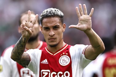 (FILE) - Antony Matheus Dos Santos of Ajax celebrates the 2-1 during the Dutch Eredivisie soccer match between Ajax Amsterdam and FC Groningen at the Johan Cruijff ArenA in Amsterdam, the Netherlands, 14 August 2022 (reissued 30 August 2022).  English Premier League club Manchester United on 31 August 2022 announced they reached an agreement to sign Antony from Dutch side Ajax Amsterdam for a purported 100 million euro.   EPA / MAURICE VAN STEEN *** Local Caption *** 57861415