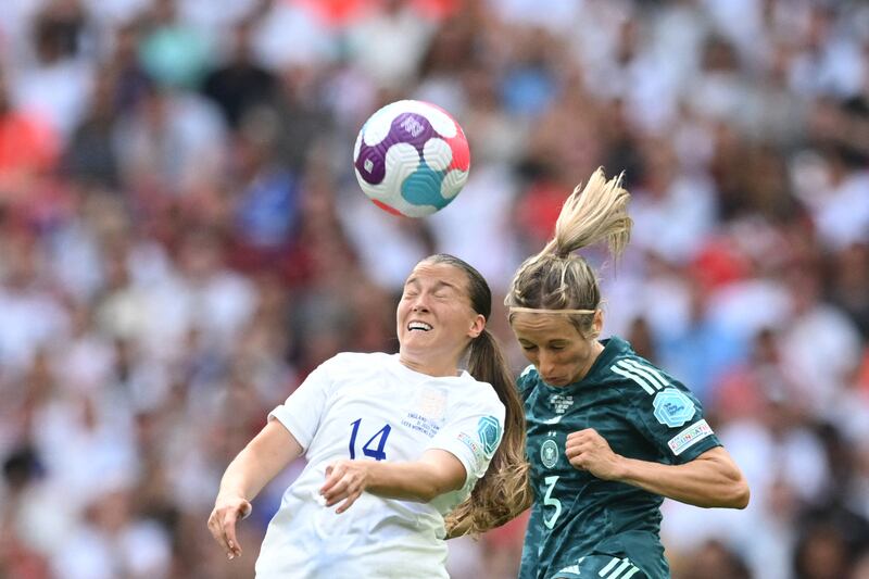 England's midfielder Fran Kirby fights for the ball with Germany's defender Kathrin Hendrich. AFP