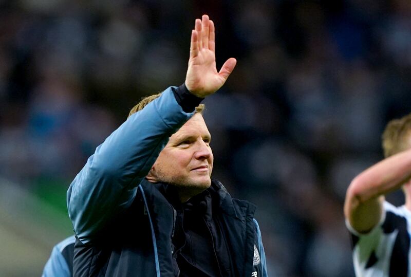Newcastle manager Eddie Howe waves to the fans after the victory. PA
