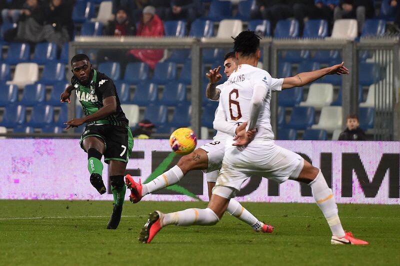 REGGIO NELL'EMILIA, ITALY - FEBRUARY 01: Jeremie Boga of Sassuolo scores his team's fourth goal during the Serie A match between US Sassuolo and  AS Roma at Mapei Stadium - CittÃ  del Tricolore on February 01, 2020 in Reggio nell'Emilia, Italy. (Photo by Tullio M. Puglia/Getty Images)