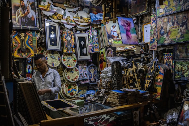 A man sells paintings and wall hangings in Mercato Market in central Addis Ababa, Ethiopia. Getty Images