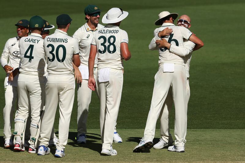 Nathan Lyon of Australia celebrates dismissing Faheem Ashraf of Pakistan following a DRS review to capture his 500th Test wicket. Getty Images