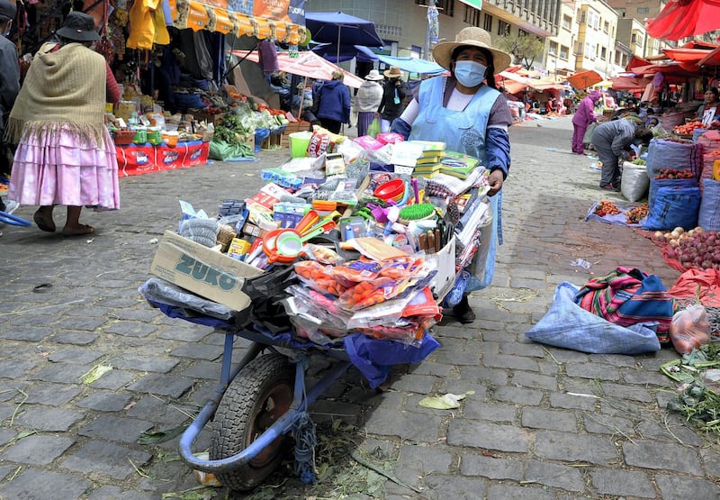 An Aymara indigenous woman wears a face mask as she offers cleaning products for sale at the Rodriguez Market in La Paz on September 1, 2020, amid the new coronavirus pandemic. - Bolivia's interim government eased lockdown measures since September 1, extending circulation and store times and opening air borders. (Photo by JORGE BERNAL / AFP)