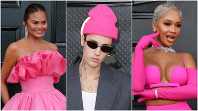 Chrissy Teigen, Justin Bieber and Saweetie all wore hot pink pieces for the 2022 Grammy Awards on April 3. Photos: Getty Images, AFP