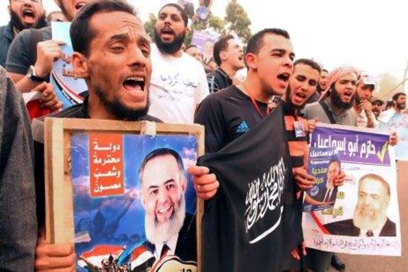 Supporters of Hazem Abu Ismail protest against the Salafist presidential hopeful's disqualification from upcoming elections yesterday.