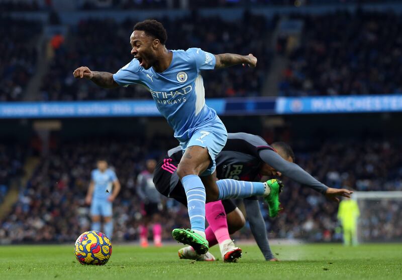 Leicester midfielder Youri Tielemans fouls Manchester City's Raheem Sterling in the area to concede a penalty. PA