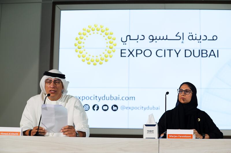 Ahmed Al Khatib, chief development and delivery officer and Marjan Faraidooni, chief visitor experience officer at Expo 2020 Dubai, at a news conference in June 2022 to announce Expo City Dubai. 