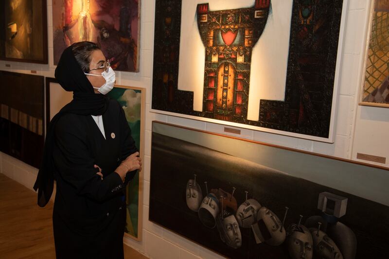 Noura Al Kaabi, Minister for Culture and Youth, at the Kosovo Pavilion, home to a permanent collection of artworks that traces the country’s culture and history. Photo: Ministry of Culture and Youth