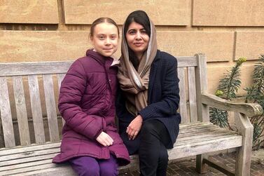 Swedish environmental activist Greta Thunberg meets Nobel Peace Prize winner Malala Yousafzai at the University of OxfordTaylor Royle - Malala Fund/via Reuters 