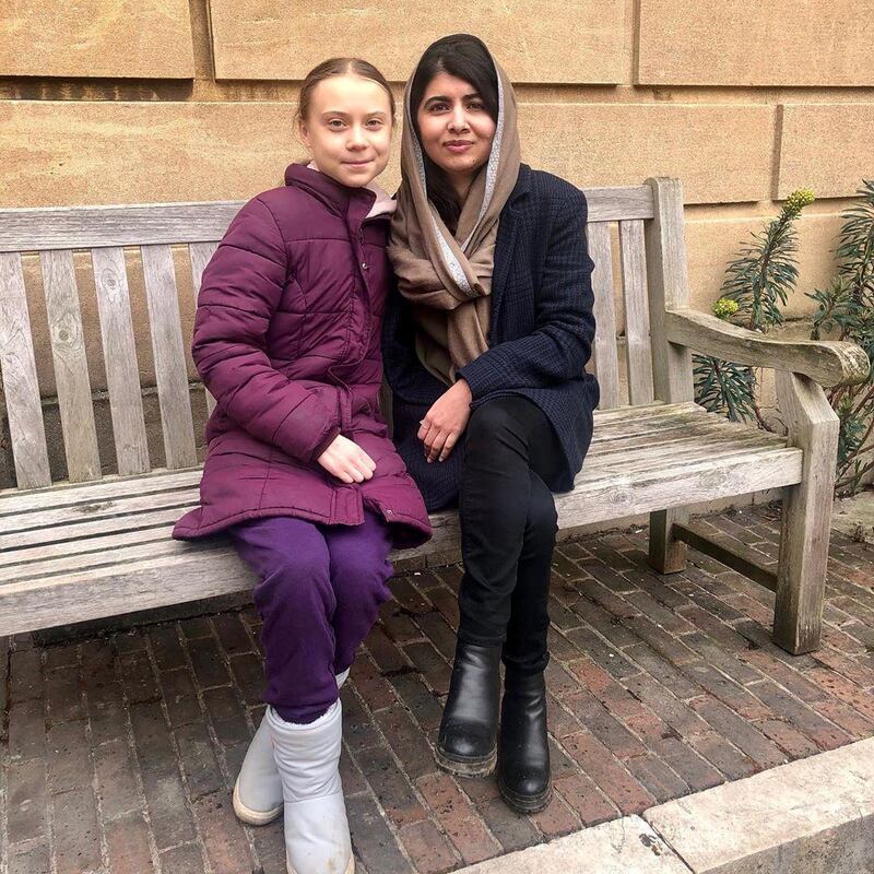 Swedish environmental activist Greta Thunberg meets Nobel Peace Prize winner Malala Yousafzai at University of Oxford in Oxford, Britain, February 25, 2020 in this picture obtained from social media. TAYLOR ROYLE - MALALA FUND/via REUTERS THIS IMAGE HAS BEEN SUPPLIED BY A THIRD PARTY. MANDATORY CREDIT. NO RESALES. NO ARCHIVES.