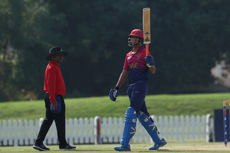 UAE's Dhruv Parashar after reaching his fifty during the U19 Asia Cup match against Japan at the ICC Academy in Dubai on Wednesday, December 13, 2023. All photos: CREIMAS / Asian Cricket Council