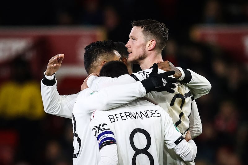 Wout Weghorst celebrates after scoring Manchester United's second goal in the 3-0 League Cup semi-final first-leg win against Nottingham Forest at The City Ground on January 25, 2023. AFP