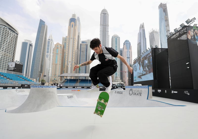 Palestinian skateboarder Aram Sabbah at the World Skateboarding Tour. Dubai Harbour, Dubai. Chris Whiteoak / The National