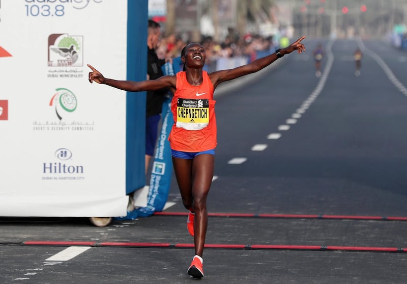Dubai, United Arab Emirates - January 25, 2019: Ruth Chepngetich wins the womens Standard Chartered Dubai Marathon 2019. Friday, January 25th, 2019 at Jumeirah, Dubai. Chris Whiteoak/The National