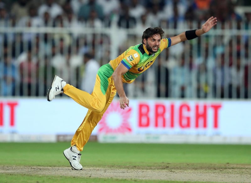 Sharjah, United Arab Emirates - December 02, 2018: Pakhtoons' Shahid Afridi during the game between between Pakhtoons and Northern Warriors in the T10 final. Sunday the 2nd of December 2018 at Sharjah cricket stadium, Sharjah. Chris Whiteoak / The National