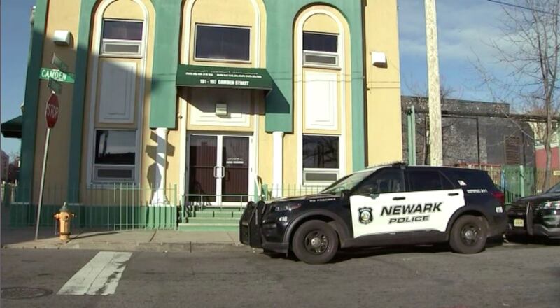 A Newark Police vehicle parked outside the Masjid Muhammad in New Jersey. WABC / AP