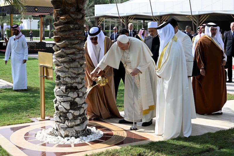 King Hamad, Crown Prince Salman bin Hamad and Pope Francis attend the Bahrain Forum for Dialogue at the Sakhir Palace. Reuters