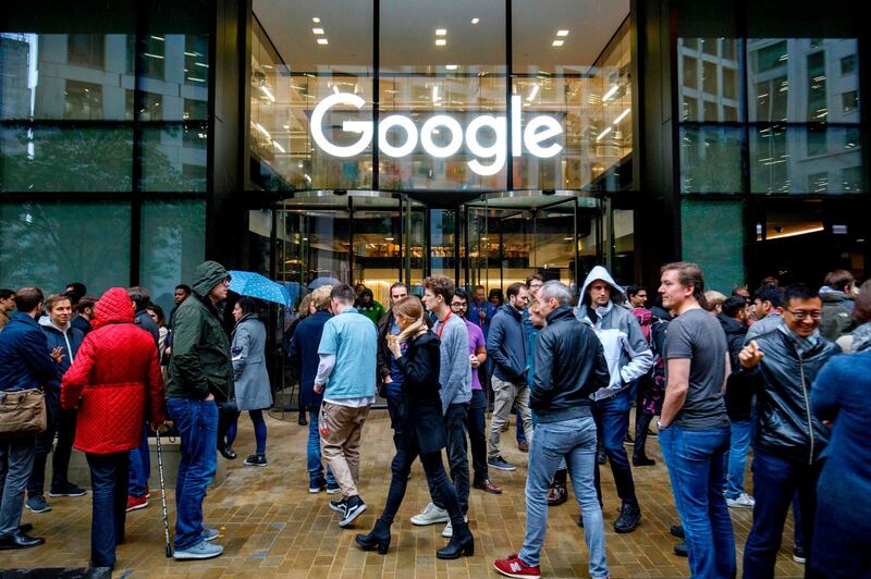 Google staff stage a walkout at the company's UK headquarters in London on November 1, 2018 as part of a global campaign over the US tech giant's handling of sexual harassment. Hundreds of employees walked out of Google's European headquarters in Dublin on Thursday as part of a global campaign over the US tech giant's handling of sexual harassment that saw similar protests in London and Singapore.
 / AFP / Tolga Akmen
