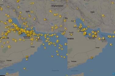 Two images, one from February 25 and one from March 25, illustrate the impact flight restrictions have had on air traffic in the region. FlightRadar24 