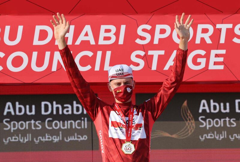 Race leader Tadej Pogacar of UAE Team Emirates on the podium after the second stage of the UAE Tour. AFP