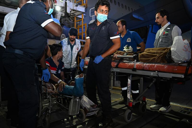 Medical teams swiftly transferred the wounded and those needing immediate care to hospitals in Abu Dhabi, after their plane landed at Zayed International Airport