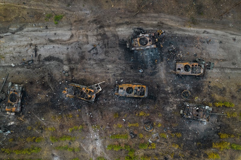 Destroyed Russian armoured vehicles on the outskirts of Kyiv. AP Photo