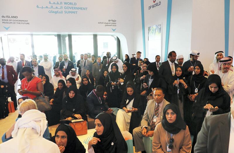 
DUBAI , UNITED ARAB EMIRATES , FEB 11  – 2017 :- Delegates on the first day of World Government Summit 2018 held at Madinat Jumeirah in Dubai. ( Pawan Singh / The National ) For News
