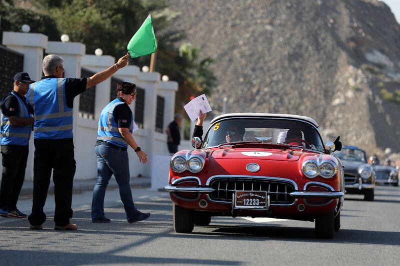 A 1958 Chevrolet Corvette leaves the Intercontinental Hotel, Fujairah on the first leg of day 2. 1000 Miglia Experience UAE Prologue. Chris Whiteoak / The National
