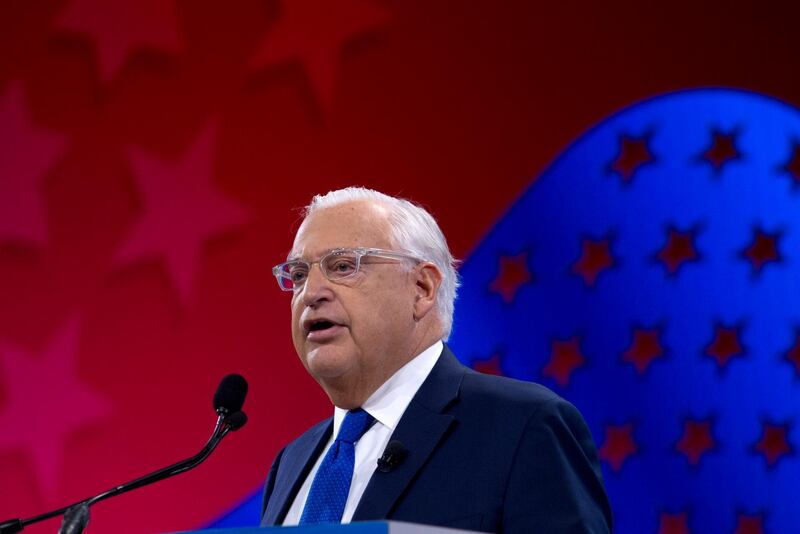 FILE - In this March 26, 2019 file photo, United States Ambassador to Israel David Friedman speaks at the 2019 American Israel Public Affairs Committee (AIPAC) policy conference, at Washington Convention Center, in Washington.  Friedman says Israel has the right to retain parts, but not all, of the West Bank.  His remarks in an interview The New York Times published Saturday, June 8, 2019,  comes about two months after Israeli Prime Minister Benjamin Netanyahu vowed to begin annexing parts of the West Bank.  (AP Photo/Jose Luis Magana, File)
