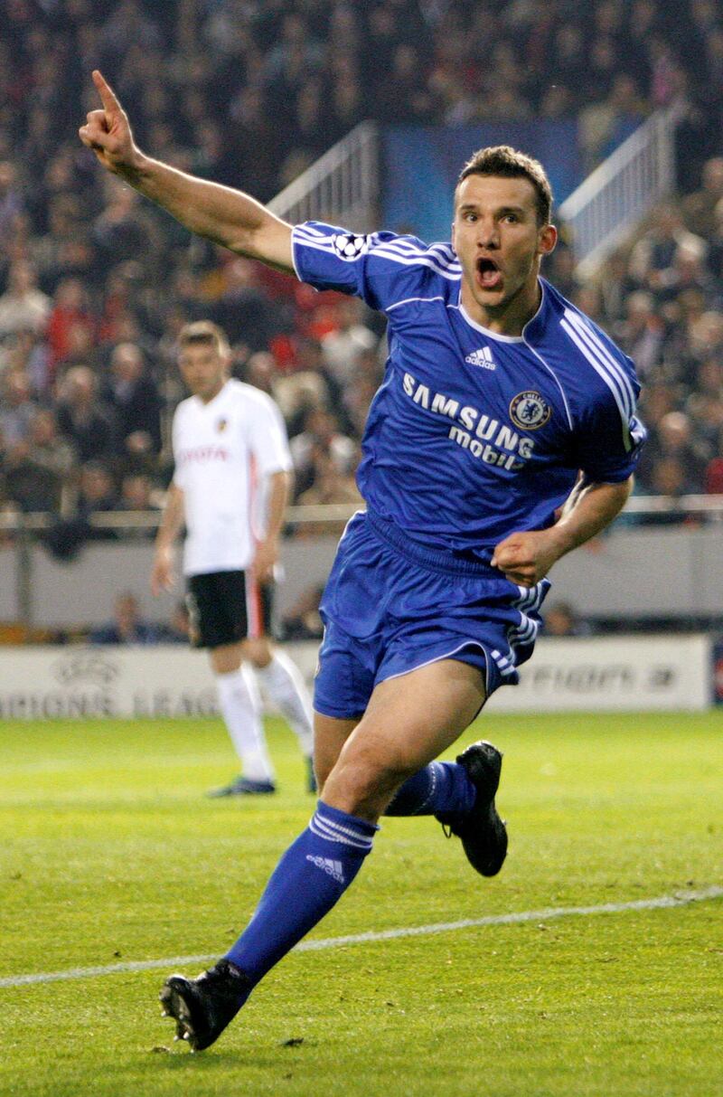 Chelsea's Andriy Shevchenko celebrates his goal during their Champions League quarter final soccer match against Valencia at the Mestalla stadium in Valencia, April 10, 2007.  REUTERS/Eddie Keogh (SPAIN)