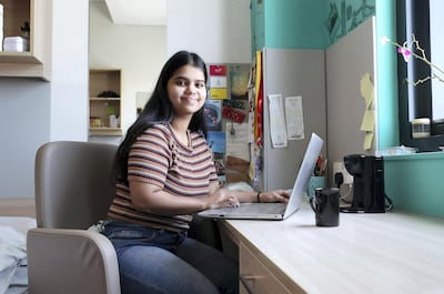 DUBAI, UNITED ARAB EMIRATES , May 7 – 2020 :- Pooja Nambiar student of Heriot-Watt University in her room at the Uninest Student residences in Dubailand in Dubai. She chose to stay in the student accommodation in Dubai during the COVID 19 pandemic. (Pawan Singh / The National) For News/Online/Instagram. Story by Kelly