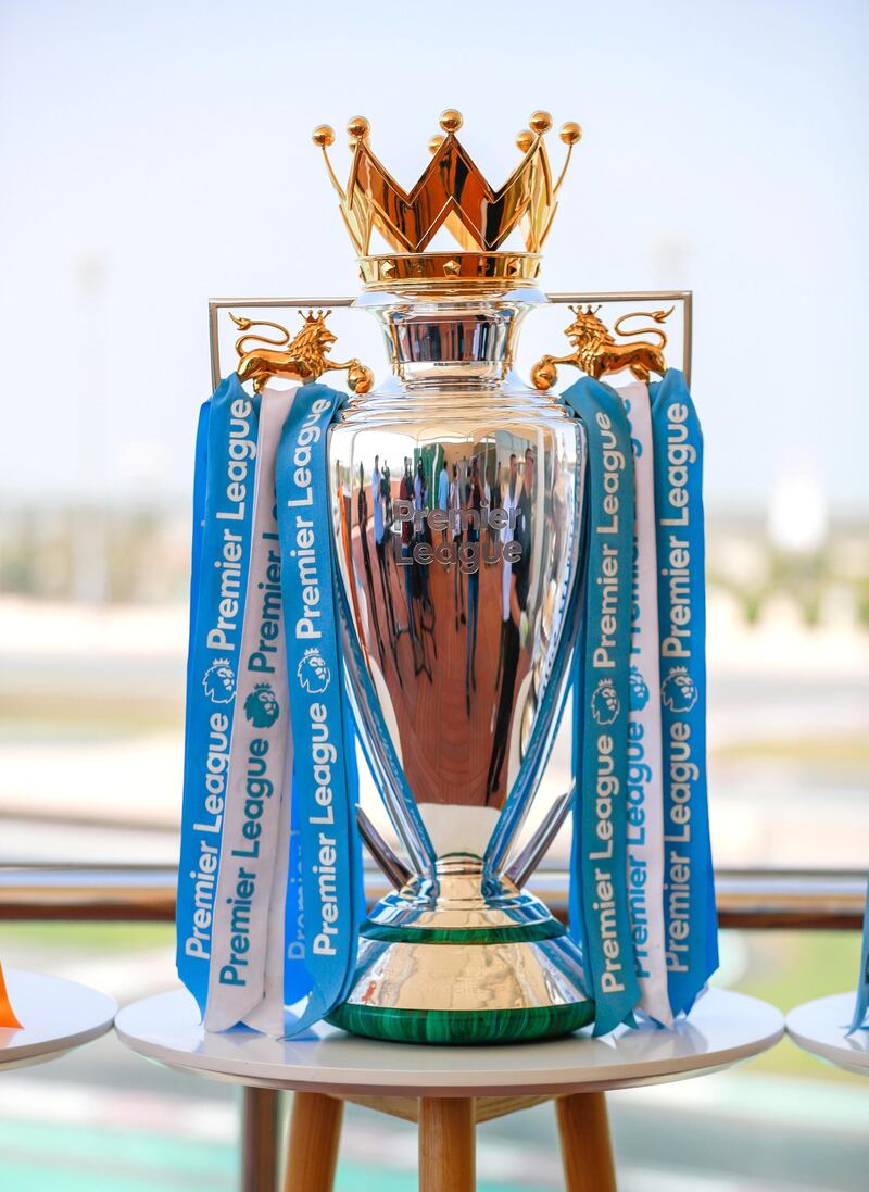 Abu Dhabi, United Arab Emirates, September 5, 2019.   Micah Richards who played in the Premiere League and Aston Villa.  --  The Premiere League trophy.
Victor Besa / The National
Section:  SP
Reporter:  Amith Passela