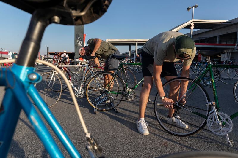 Classic road racer bikes from the 1970s for the Gulf Historic Bicycle GP Revival race around the Dubai Autodrome track
