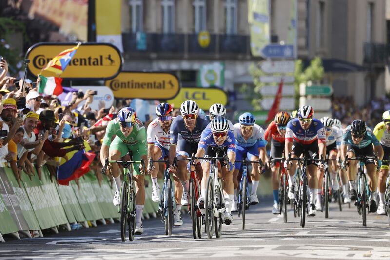 Alpecin-Deceuninck rider Jasper Philipsen wins the sprint finish. EPA